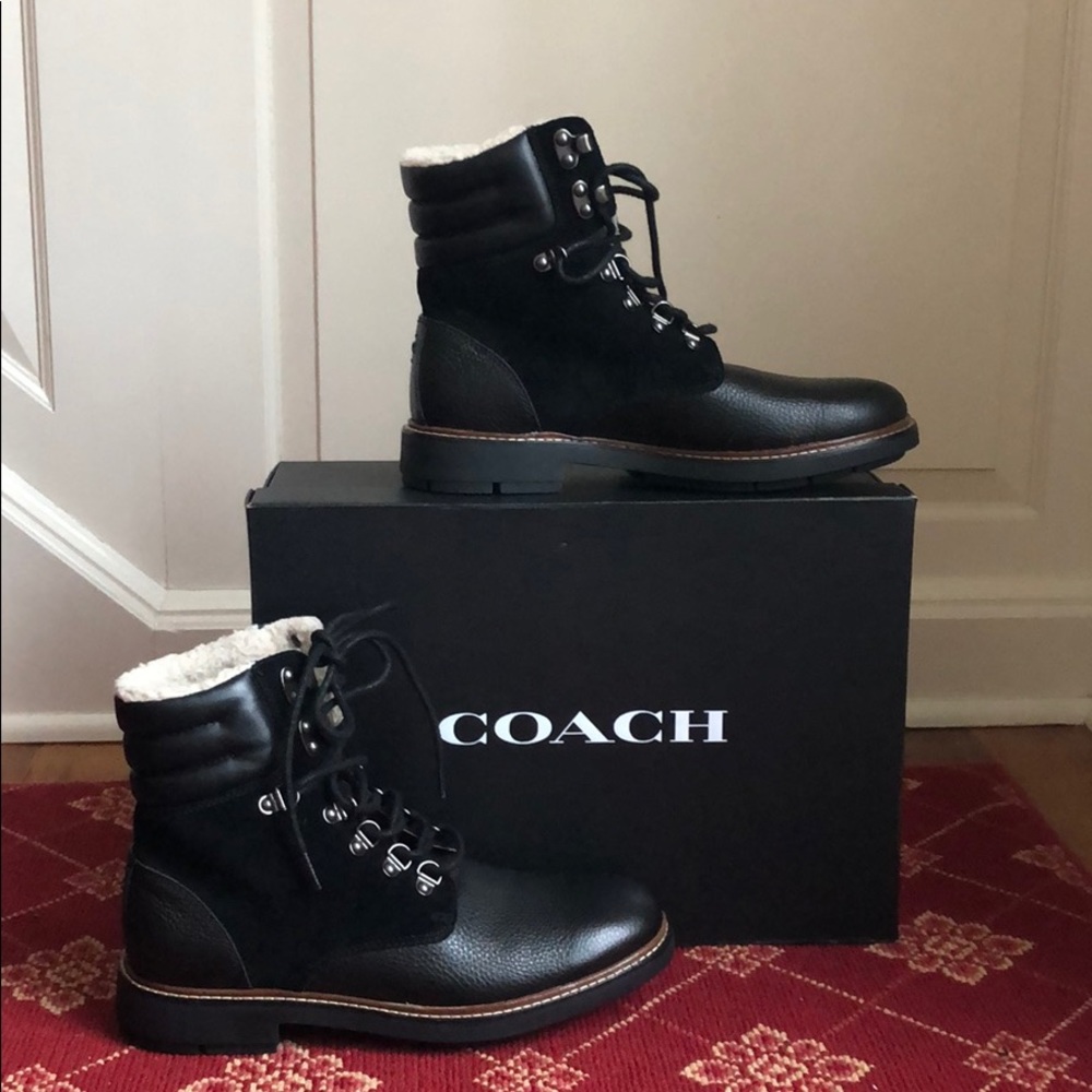 Coach black leather shearling hiking boots